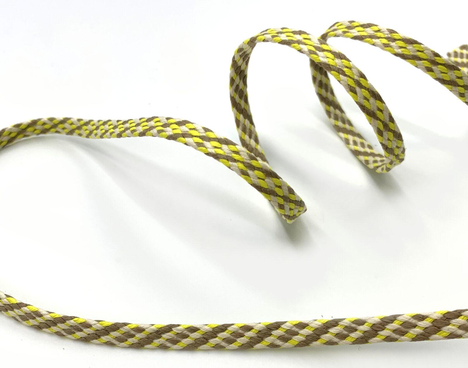 SCF - lacet plat ciré motif jaune kaki beige Coton - 7mm (ref TREC 309 -Pessoa - PE 23)
